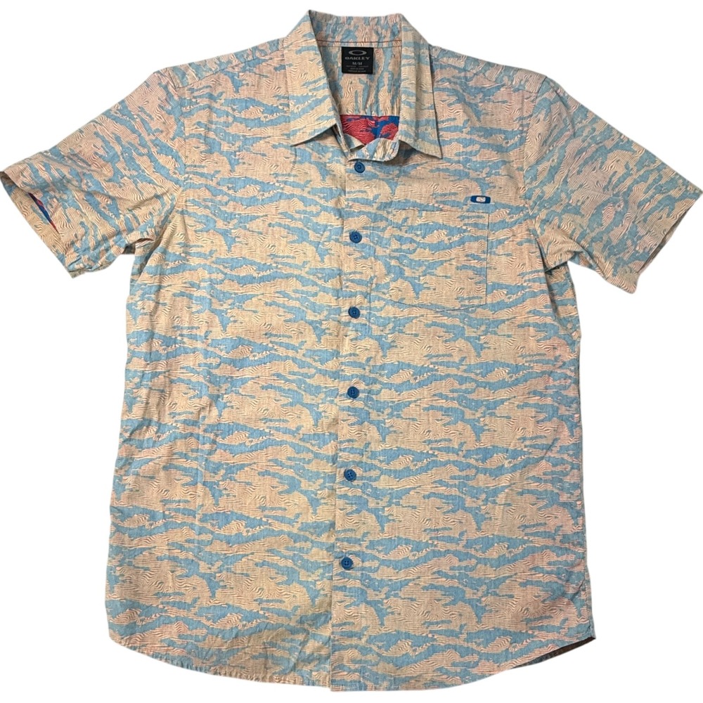 Oakley Mens Short Sleeve Button Down Shirt Blue Tan Camo Size‎ Medium Surf Beach